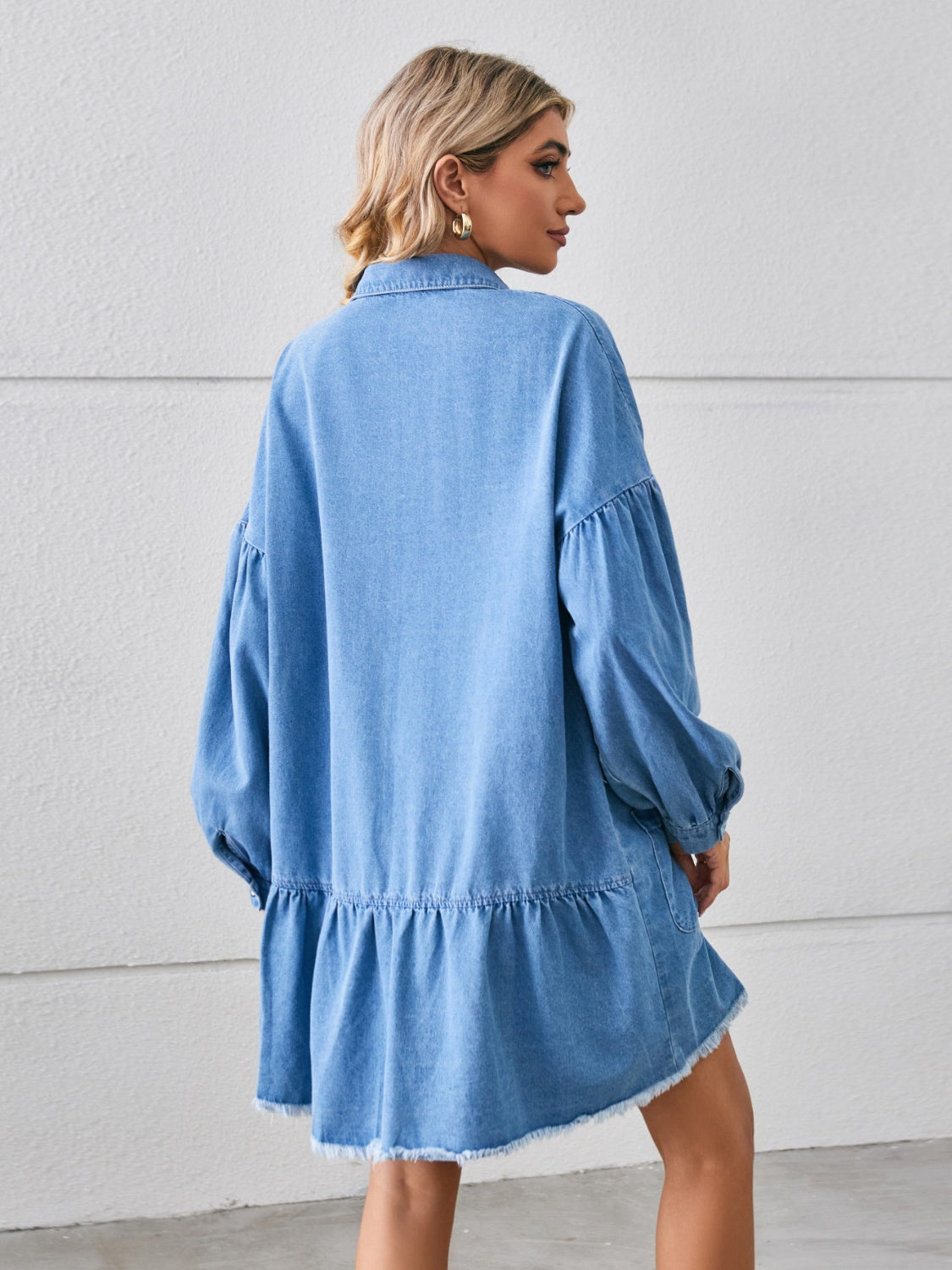 Aura Stylo - Button Up Pocketed Raw Hem Denim Dress