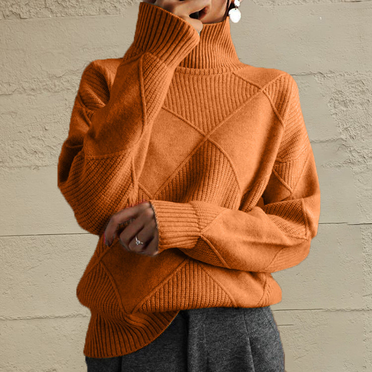  Geometric Turtleneck Long Sleeve Sweater