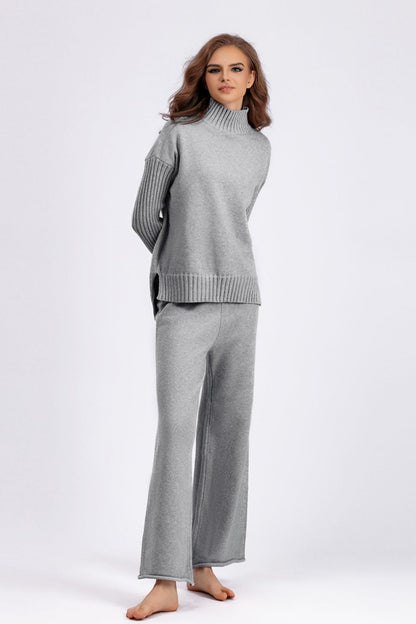 Aura Stylo - Basic Bae High- Low Turtleneck Long Sleeve Top and Pants Sweater Set