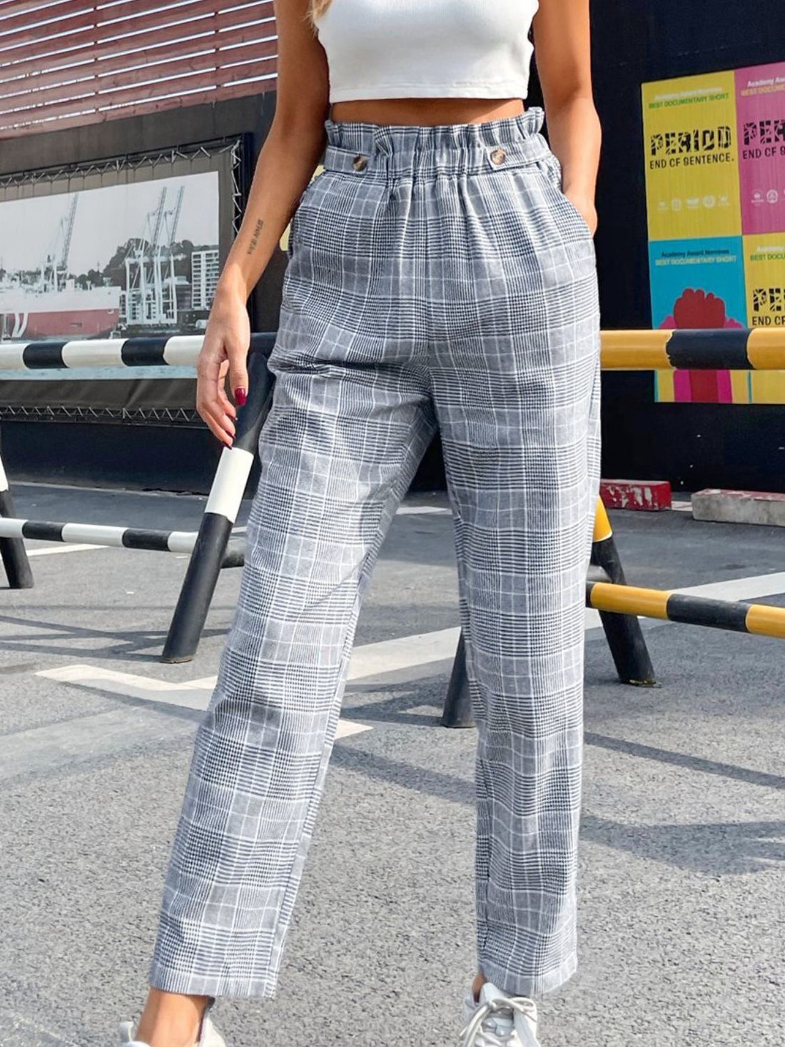 Aura Stylo - Plaid Elastic Waist Straight Pants