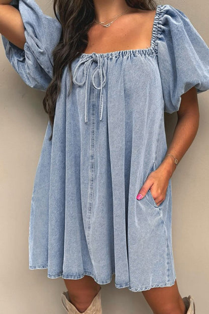 Aura Stylo - Bubble Sleeve Square Neck Denim Babydoll Dress