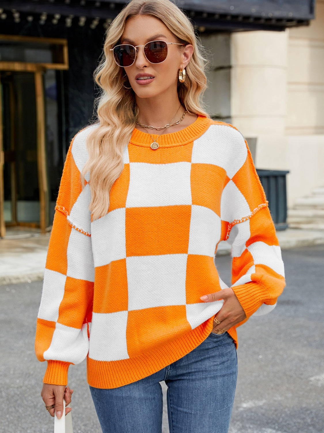  Checkered Round Neck Long Sleeve Sweater