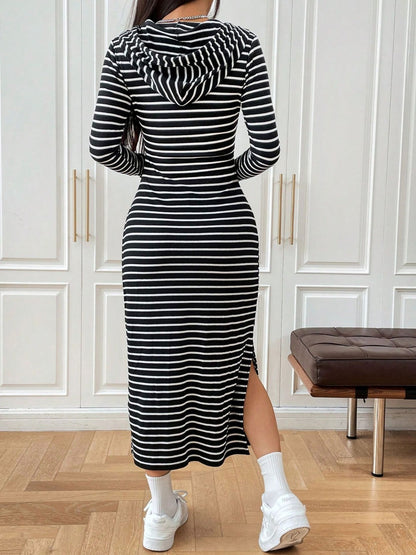 Aura Stylo - Drawstring Striped Long Sleeve Hooded Dress