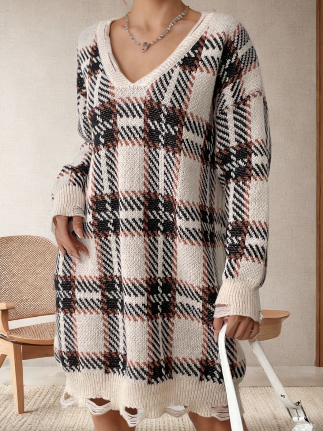 Aura Stylo - Distressed Plaid V-Neck Long Sleeve Sweater Dress