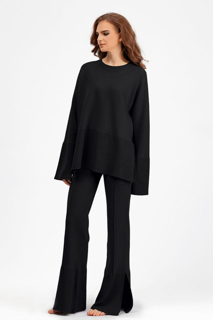 Aura Stylo - Basic Bae Slit Round Neck Long Sleeve Top and Drawstring Pants Sweater Set