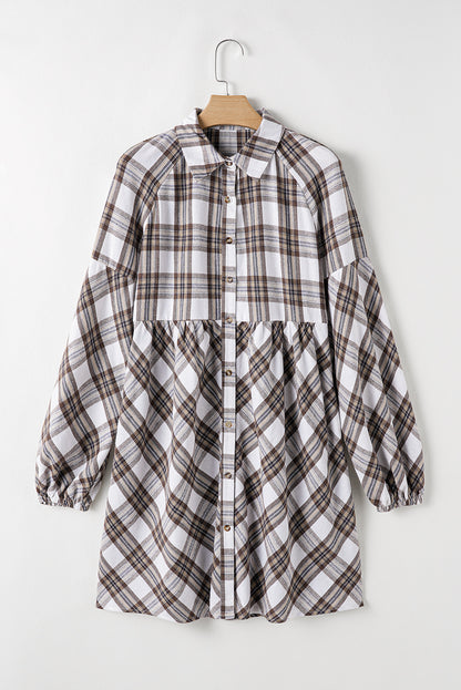 Aura Stylo - Full Size Plaid Collared Neck Balloon Sleeve Mini Shirt Dress