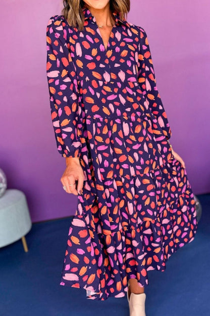 Aura Stylo - Printed Notched Long Sleeve Dress