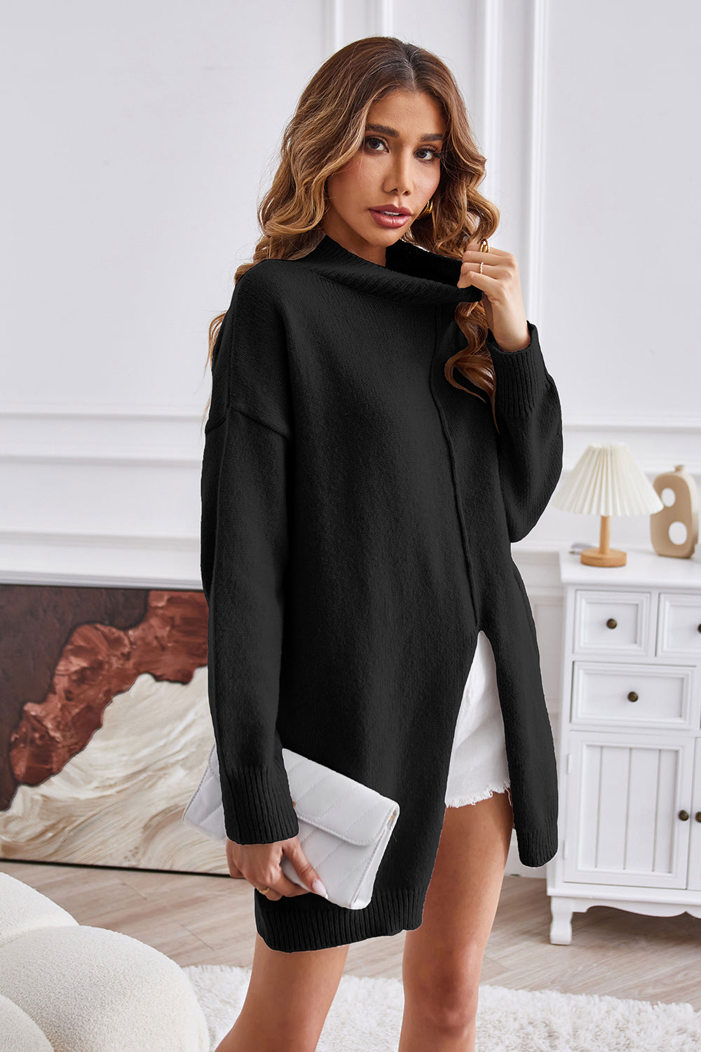 Aura Stylo - Exposed Seam Mock Neck Slit Sweater