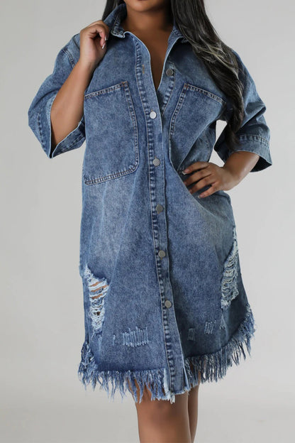 Aura Stylo - Distressed Raw Hem Button Up Denim Dress