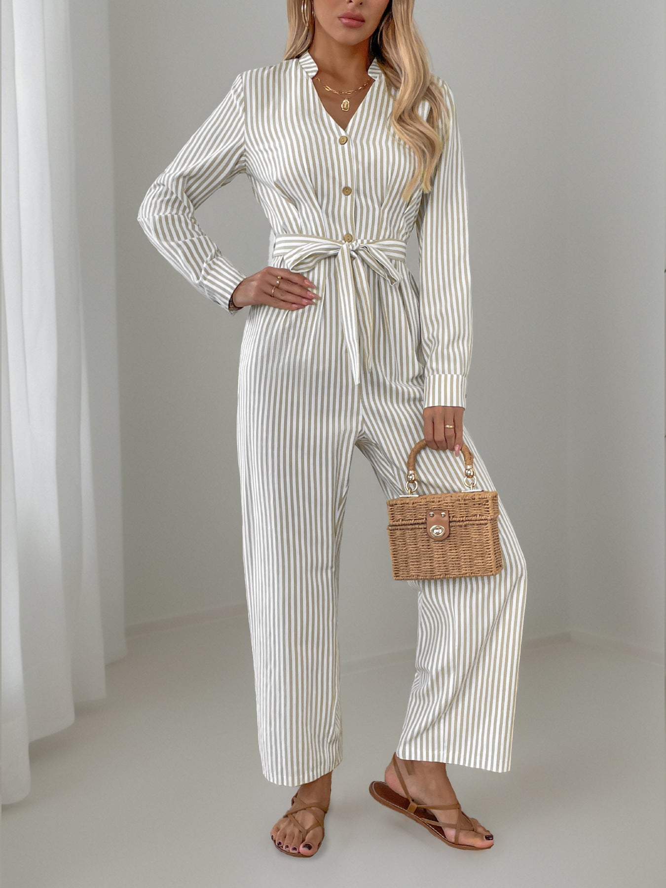 Aura Stylo - Striped Notched Long Sleeve Tie Waist Jumpsuit