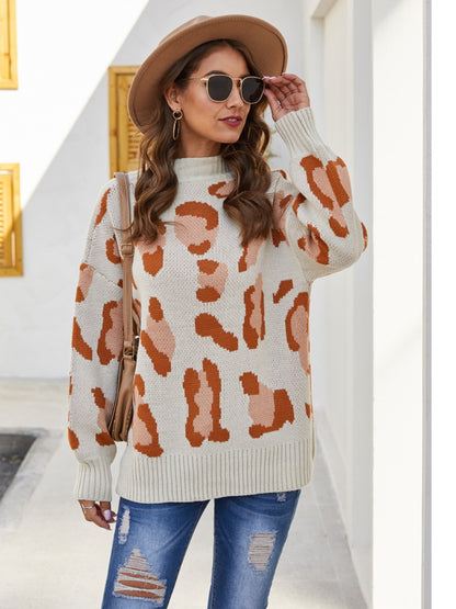 Aura Stylo - Angel Wings Leopard Mock Neck Dropped Shoulder Sweater