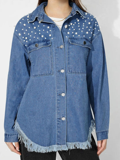 Raw Hem Pearl Trim Collared Neck Denim Top