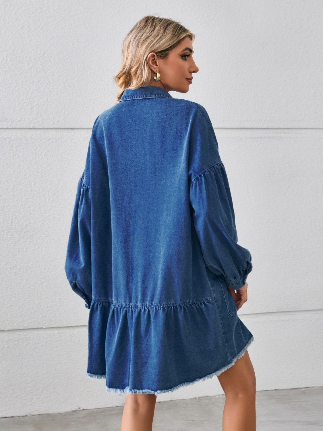 Aura Stylo - Button Up Pocketed Raw Hem Denim Dress