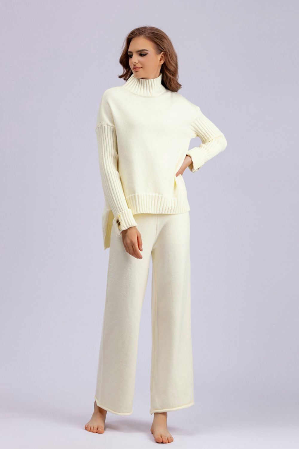 Aura Stylo - Basic Bae High- Low Turtleneck Long Sleeve Top and Pants Sweater Set