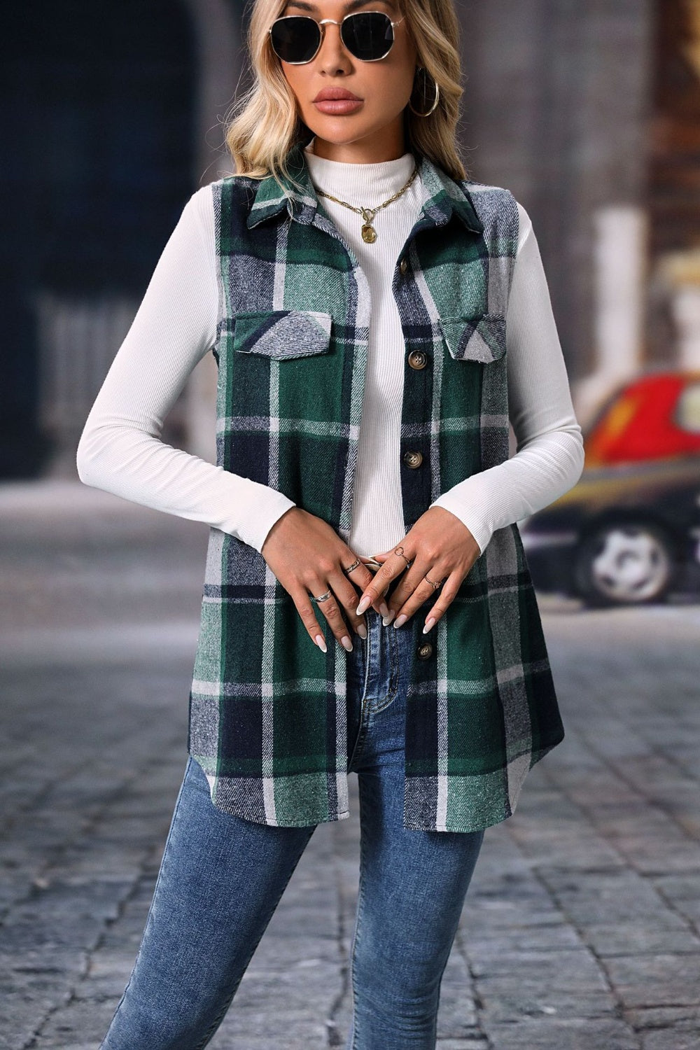 Aura Stylo - Plaid Button Up Vest Coat