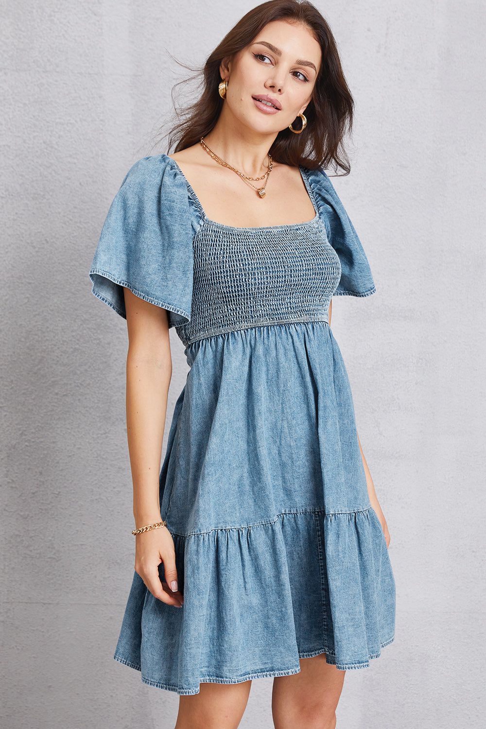 Aura Stylo - Smocked Square Neck Mini Denim Dress