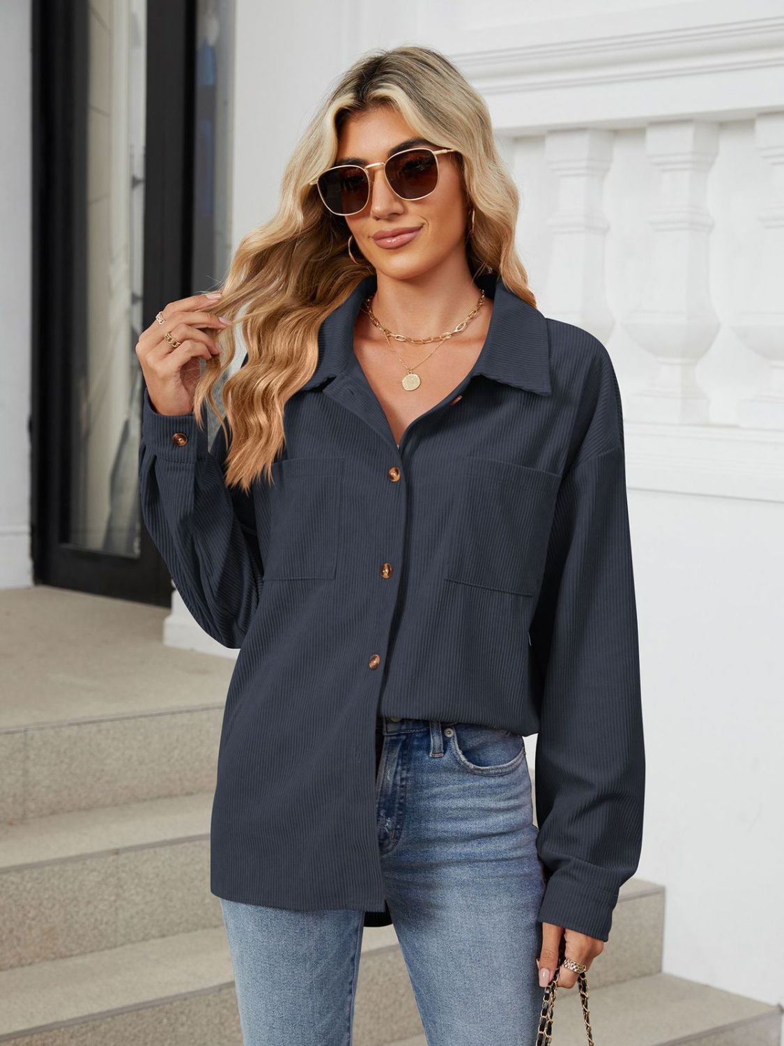 Aura Stylo - Button Up Long Sleeve Shirt with Breast Pockets