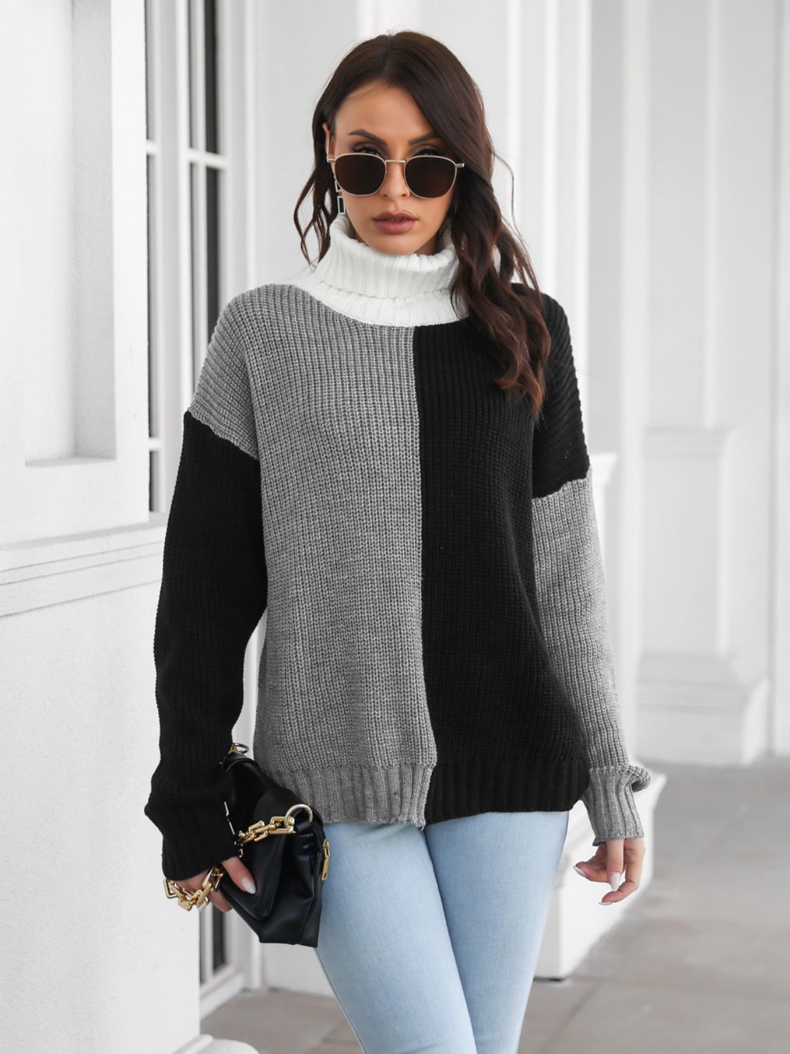 Aura Stylo - Contrast Turtleneck Long Sleeve Sweater