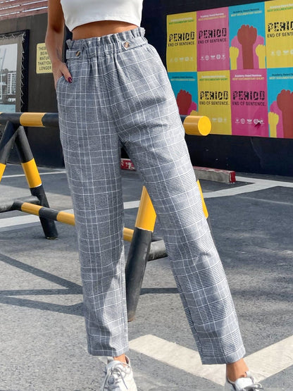 Aura Stylo - Plaid Elastic Waist Straight Pants