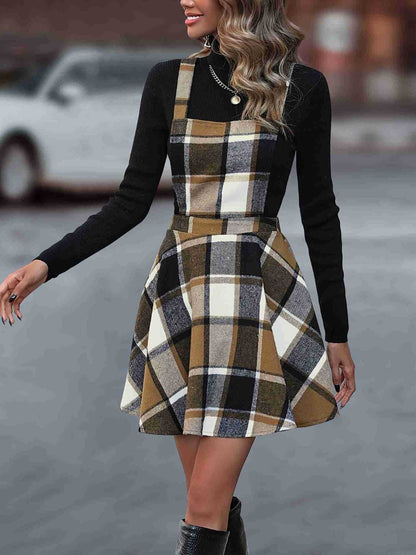 Aura Stylo - Crisscross Plaid Wide Strap Overall Dress