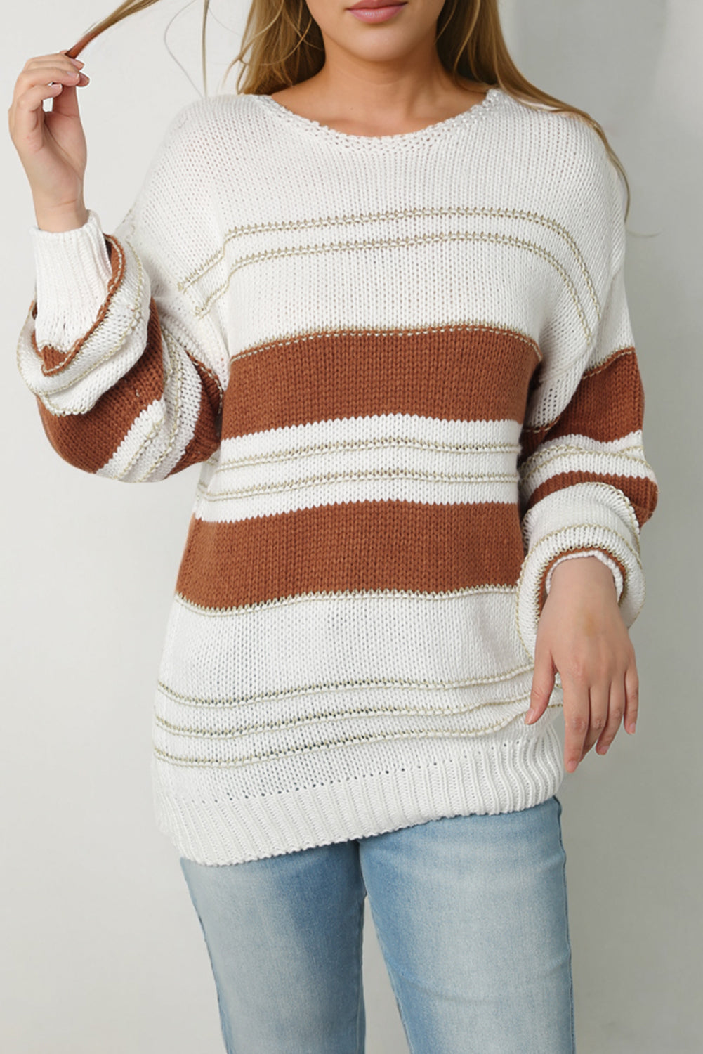 Aura Stylo - Striped Round Neck Dropped Shoulder Sweater