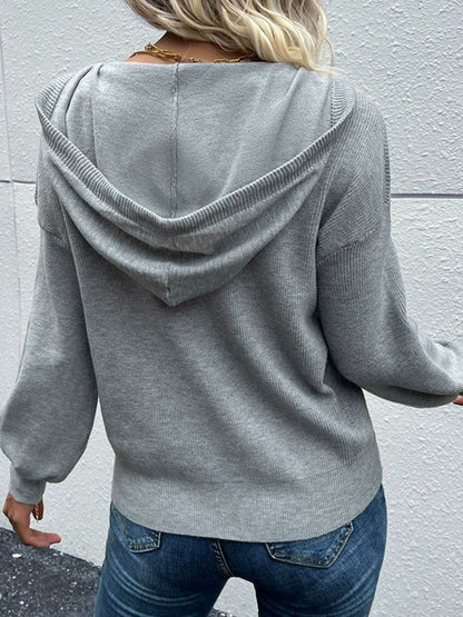 Aura Stylo - Perfee Quarter Button Drawstring Detail Knit Hoodie