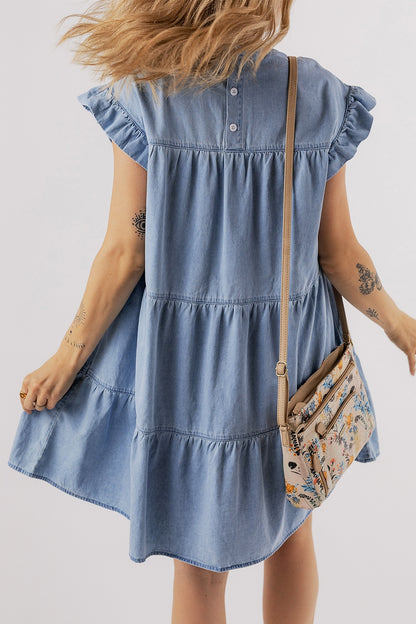 Aura Stylo - Ruffled Round Neck Cap Sleeve Denim Dress