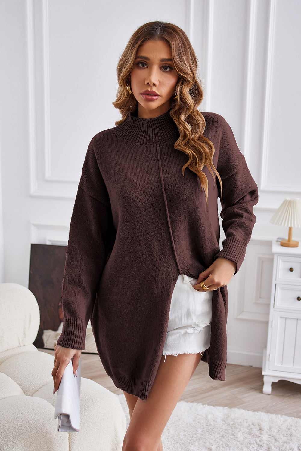 Aura Stylo - Exposed Seam Mock Neck Slit Sweater