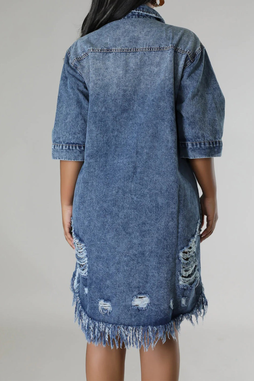 Aura Stylo - Distressed Raw Hem Button Up Denim Dress