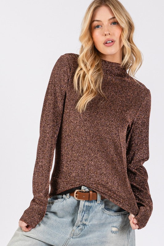 SAGE + FIG Glitter Mock Neck Lettuce Hem Long Sleeve Top