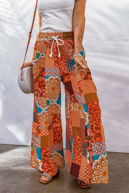 Full Size Drawstring Printed Wide Leg Pants