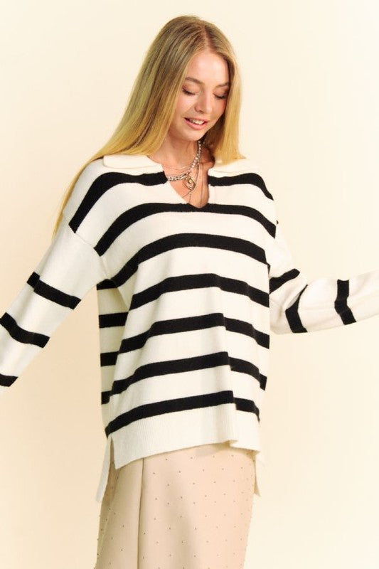 Davi &amp; Dani High-Low Side Slit Striped Johnny Collar Sweater