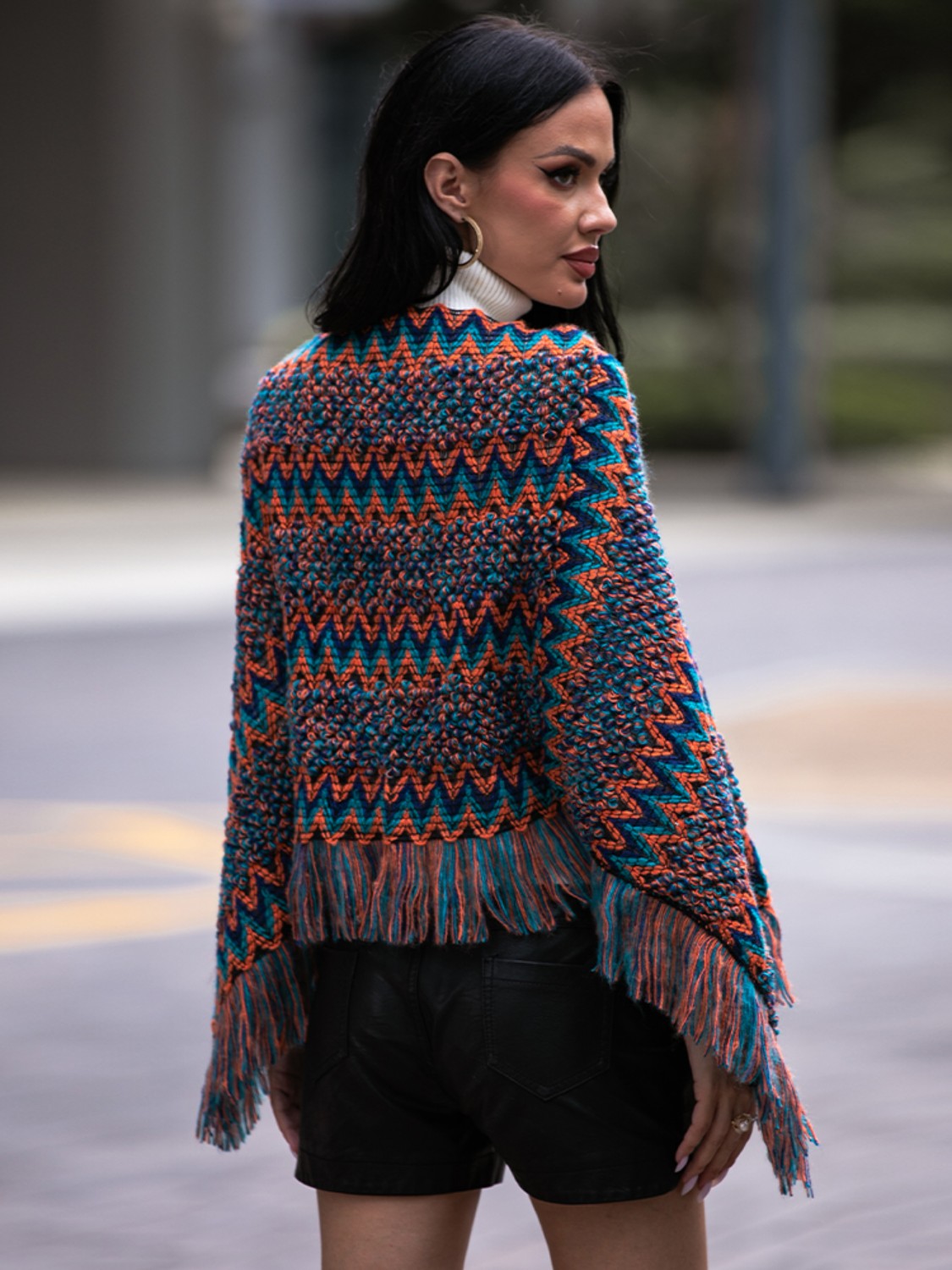 Aura Stylo - Shiny Fringe Hem Boat Neck Poncho