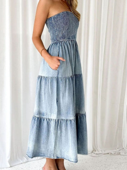 Aura Stylo - Slit Smocked Tube Tiered Denim Dress