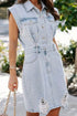 Aura Stylo - Distressed Half Button Cap Sleeve Denim Dress