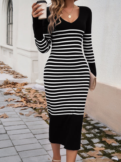 Aura Stylo - Devine Striped V-Neck Long Sleeve Sweater Dress