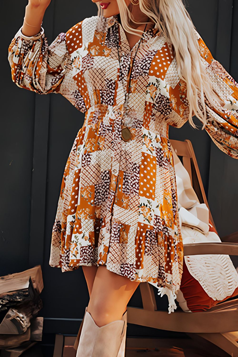 Aura Stylo - Printed Collared Neck Three-Quarter Sleeve Mini Shirt Dress