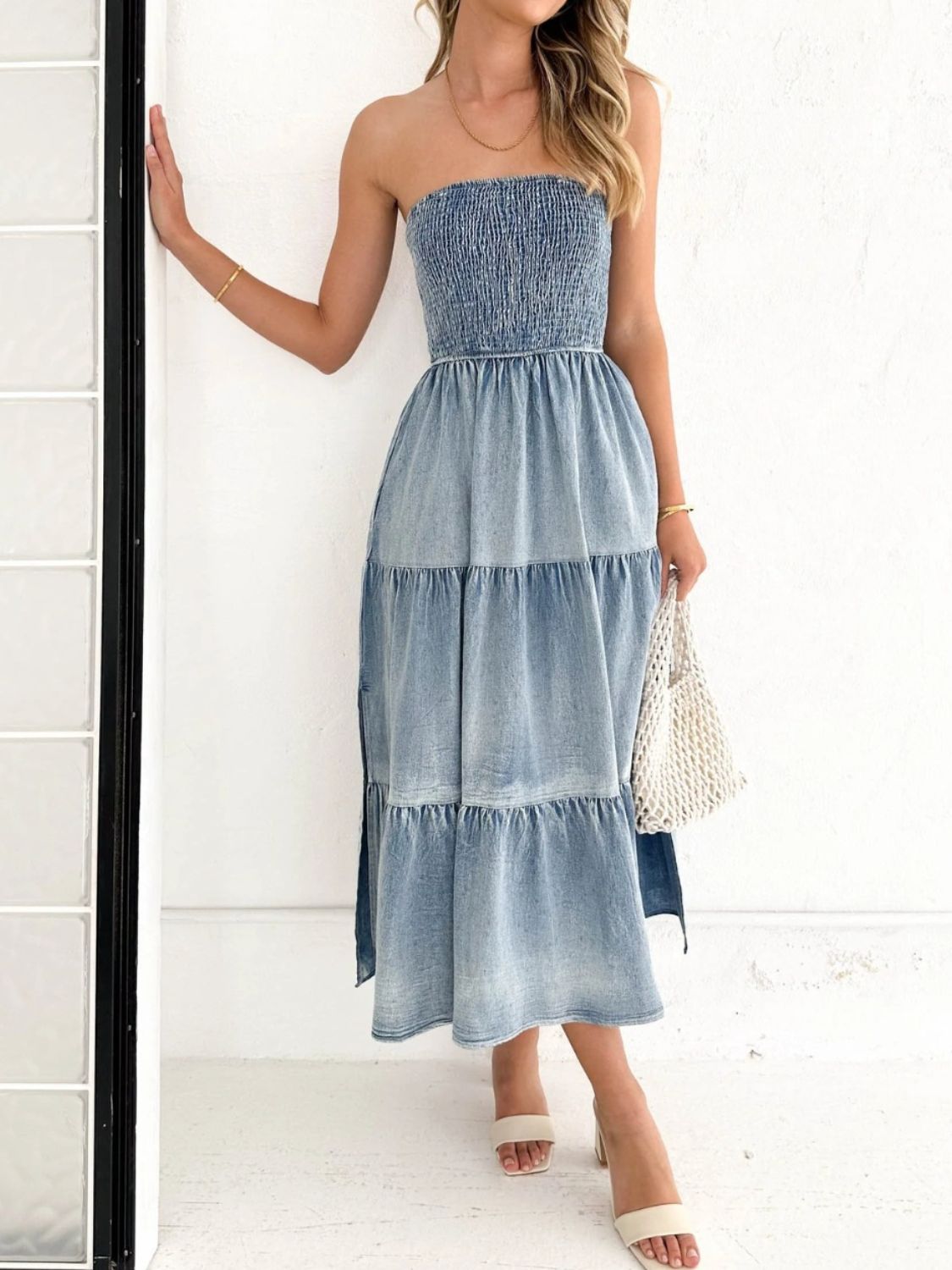 Aura Stylo - Slit Smocked Tube Tiered Denim Dress