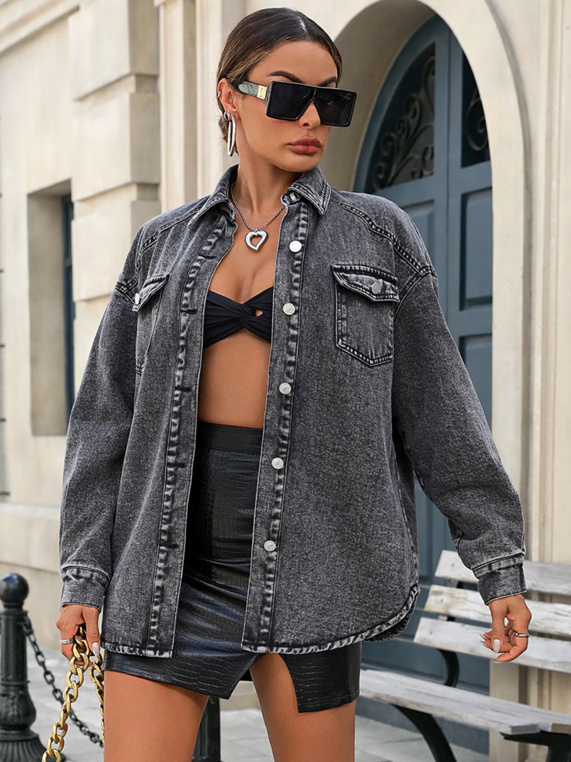 Button Up Long Sleeve Fleece Denim Jacket