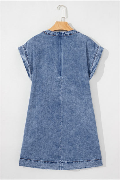 Aura Stylo - Tie V Neck Tucking Detail Short Sleeve Denim Dress