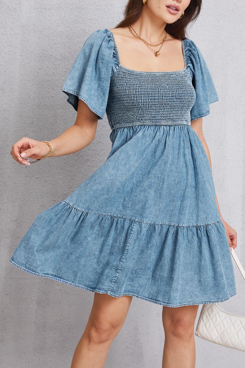 Aura Stylo - Smocked Square Neck Mini Denim Dress