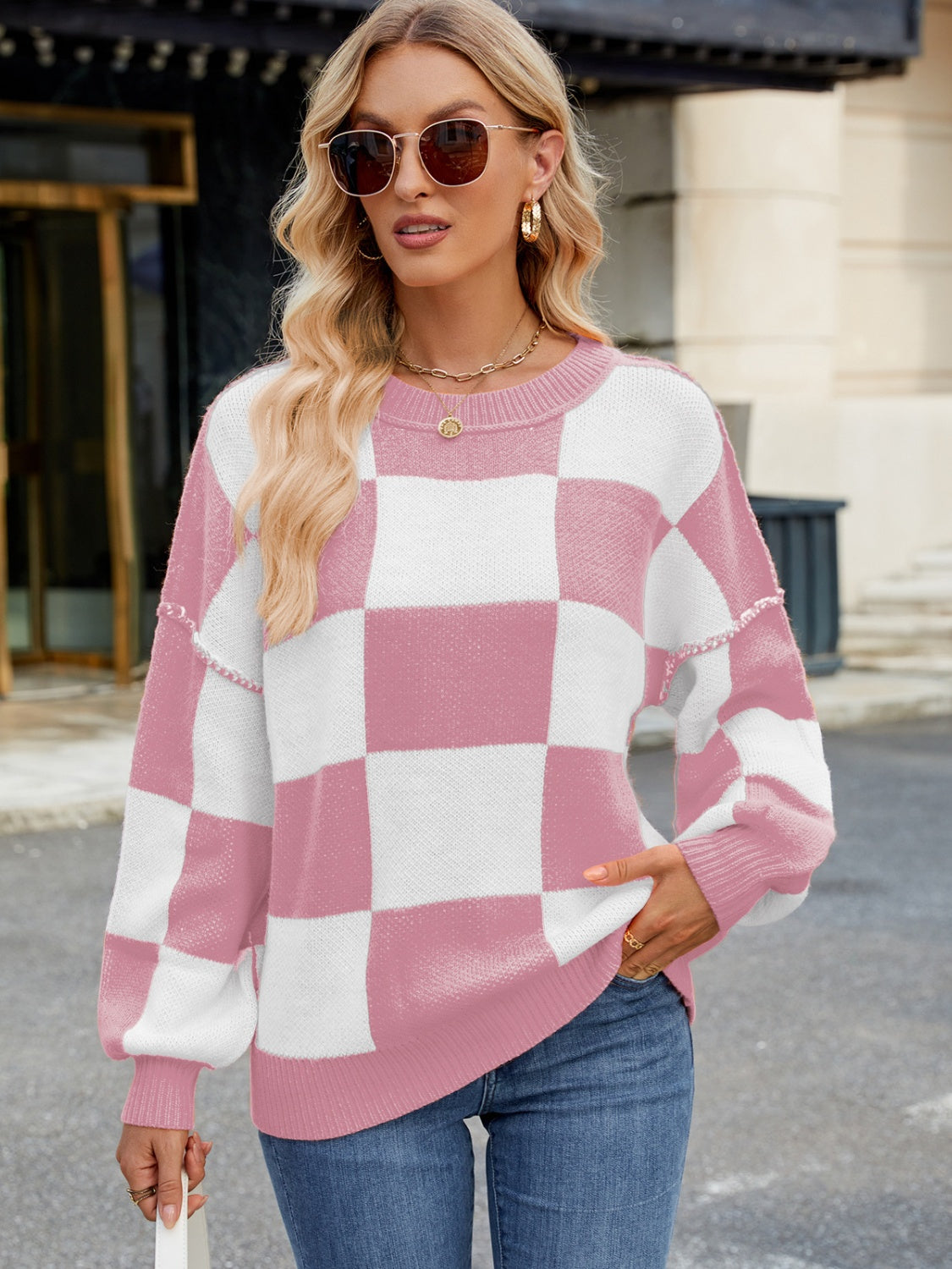  Checkered Round Neck Long Sleeve Sweater