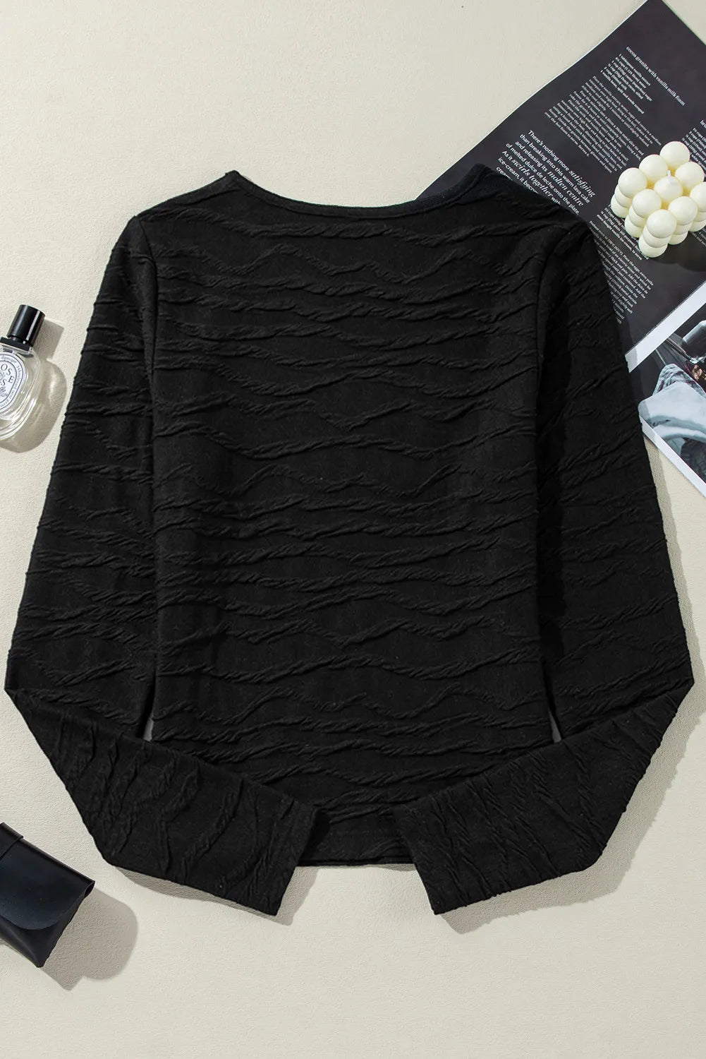 Textured Round Neck Long Sleeve Blouse