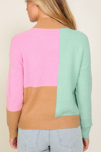 Aura Stylo - Color Block Mock Neck Ribbed Trim Sweater