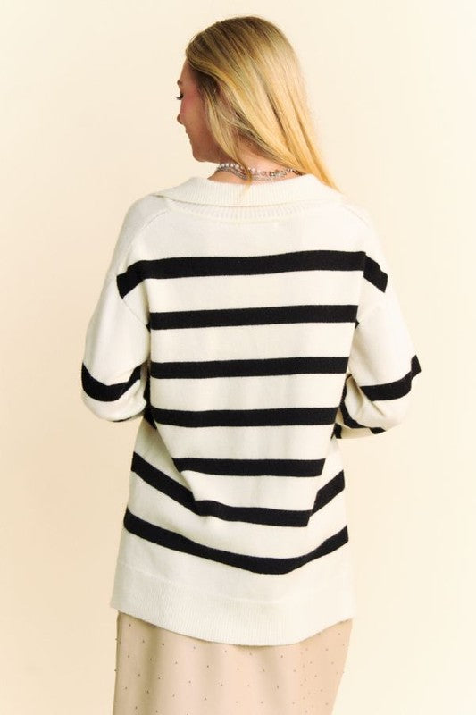 Davi &amp; Dani High-Low Side Slit Striped Johnny Collar Sweater