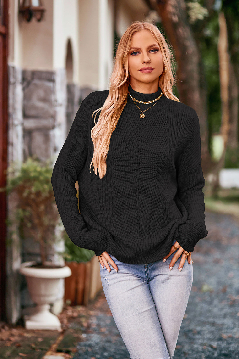 Aura Stylo - Mock Neck Rib-Knit Sweater