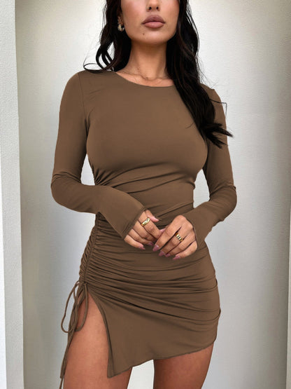 Aura Stylo - Side Drawstring Round Neck Long Sleeve Dress