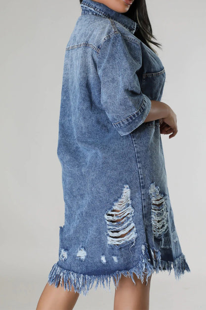 Aura Stylo - Distressed Raw Hem Button Up Denim Dress