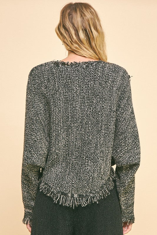 Davi &amp; Dani Fringe Hem Overlapping Asymmetrical Crop Sweater