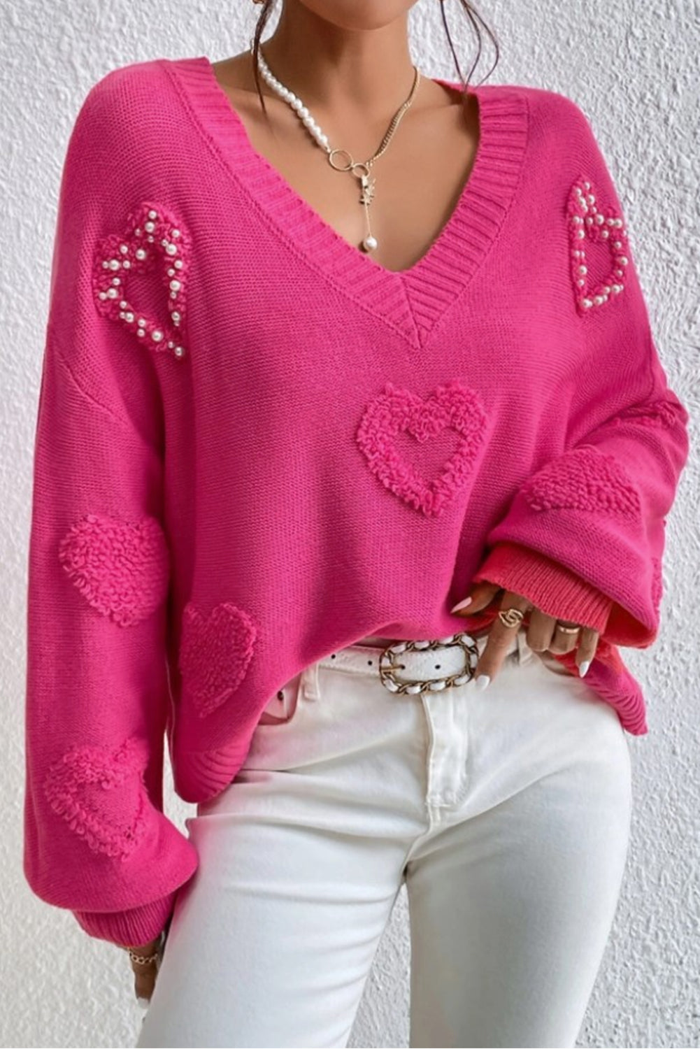 Aura Stylo - Pearl Trim Heart V-Neck Sweater